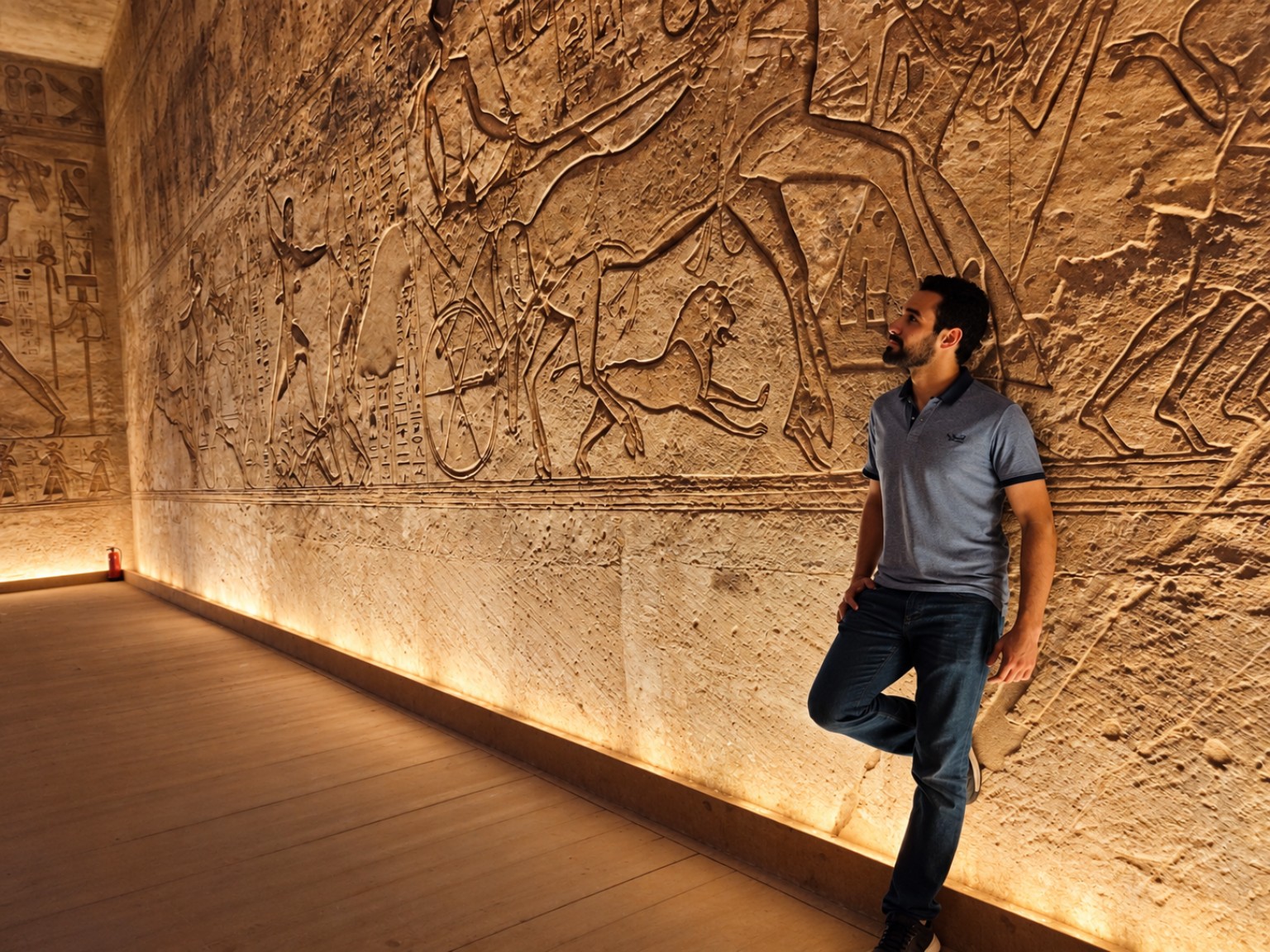Hapi beside ancient Egyptian temple walls covered in hieroglyphs